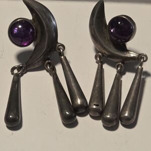 Taxco Silver Crescent Earrings with Purple Gem